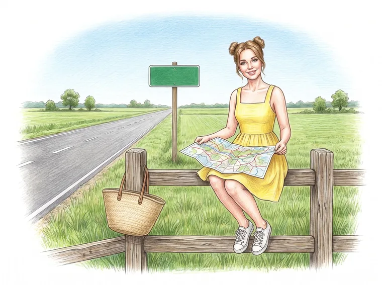 Woman on a rail fence by a country road, map on her knees