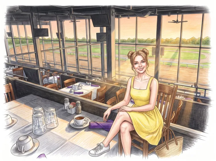 Woman at a window table above the track