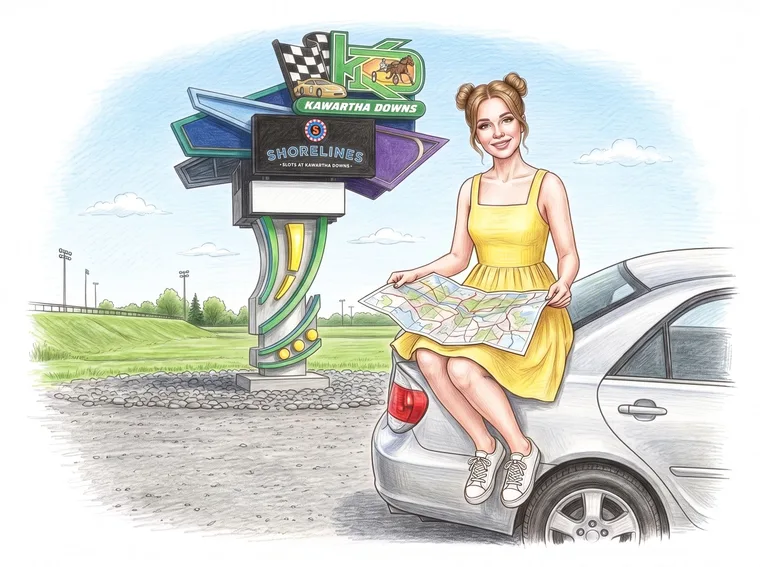 Woman on a car by the Kawartha Downs sign